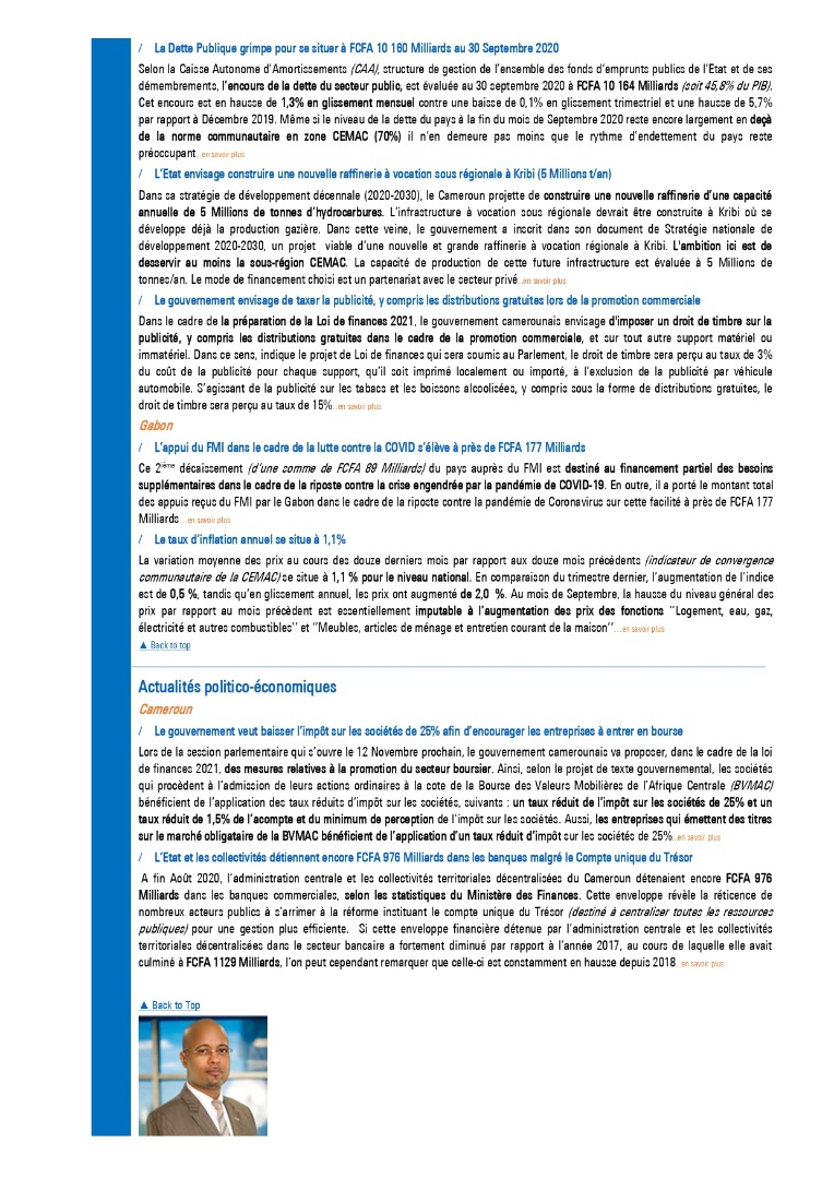 [#newsletter] La newsletter de la semaine du 09/11/2020 est disponible. Bonne lecture! Pour toutes vos questions ou si vous souhaitez recevoir cette newsletter, veuillez envoyer un courriel en mentionnant l'objet #NEWSLETTER' à l’adresse suivante : cm-markets@kpmg.cm