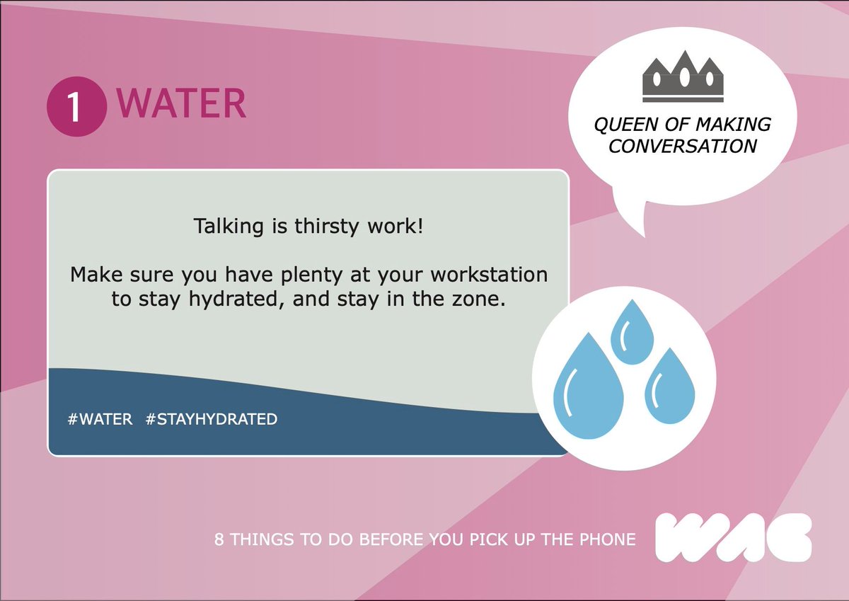 wagassoc's tweet photo. This week sees the start of a new series of #TopTipsbyWAG, explaining the most important things to do before you pick up the phone. The first Top Tip is to #StayHydrated and always have a big glass of #Water - Talking is thirsty work! https://t.co/v9yDRamkns