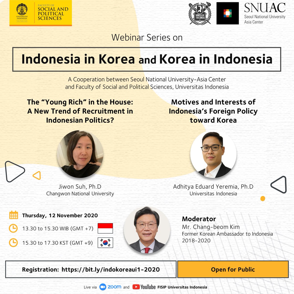 FISIP_UI's tweet photo. Webinar Series on"Indonesia in Korea and Korea in Indonesia" (Part 1)
1st Webinar:
Thursday, 12 November 2020
13.30 – 15.30 (Jakarta’s time), or 15.30 – 17.30 (Seoul’s time)
Join now: https://t.co/RhBVaQx9dv
#UniversitasIndonesia #AgendaFISIPUI #FISIPUI #Korea #SNUAC https://t.co/bmsga6iPJk