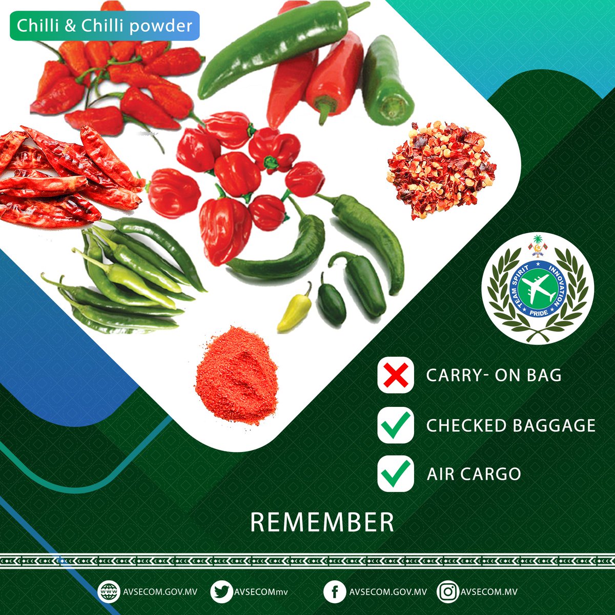 AVSECOMmv's tweet photo. Remember that most of the airlines does not allow chilli and chilli powder to be carried in your hand bag ๐. However these items can be carried in checked luggage ๐
.
#chilli #chillipowder #avsecom
#remember #safetravels #SafetyFirst #airportsecurity https://t.co/2GubpQzez6
