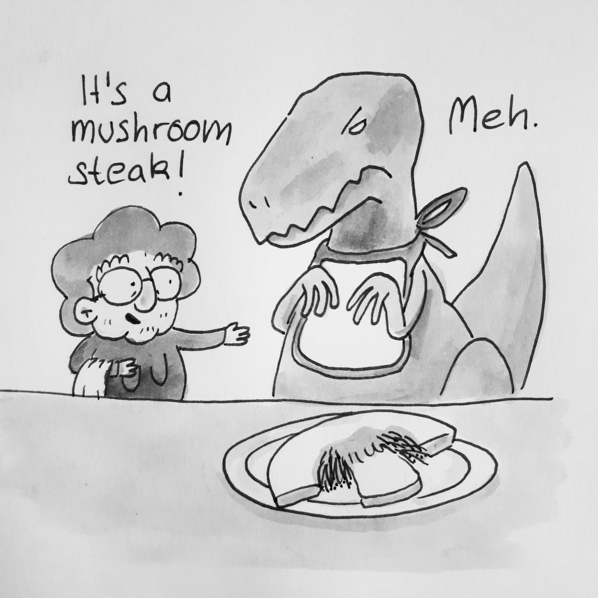 owlgress_illu's tweet photo. It's still #dinovember!
#dinosaurs #trex #grannyannie #illustration #ink #blackandwhite #steak #mushroom https://t.co/r5c8o8iEUD