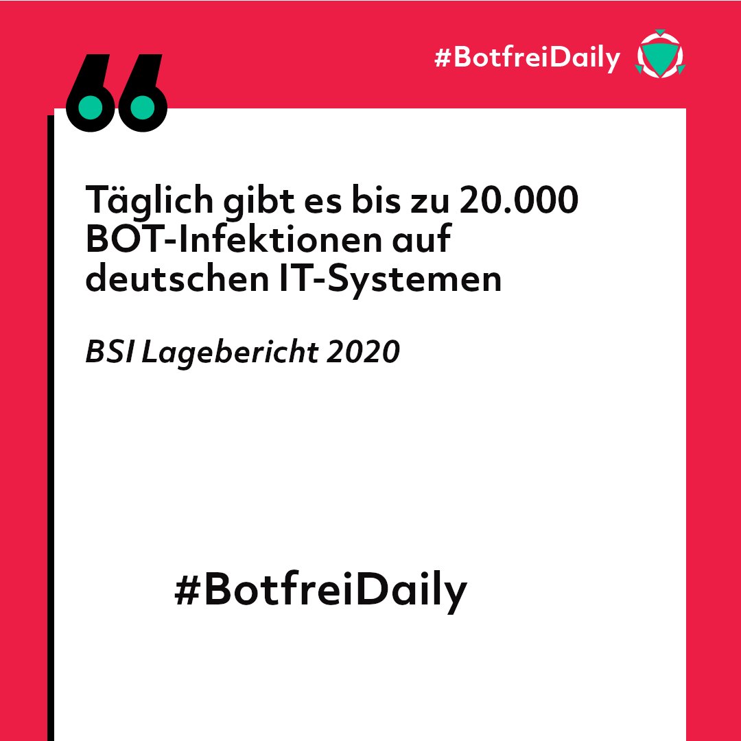 botfrei's tweet photo. "BSI-Lagebericht 2020: Täglich gibt es bis zu 20.000 Bot-Infektionen auf deutschen IT-Systemen"
#BotfreiDaily https://t.co/rvJFYBRw2B
