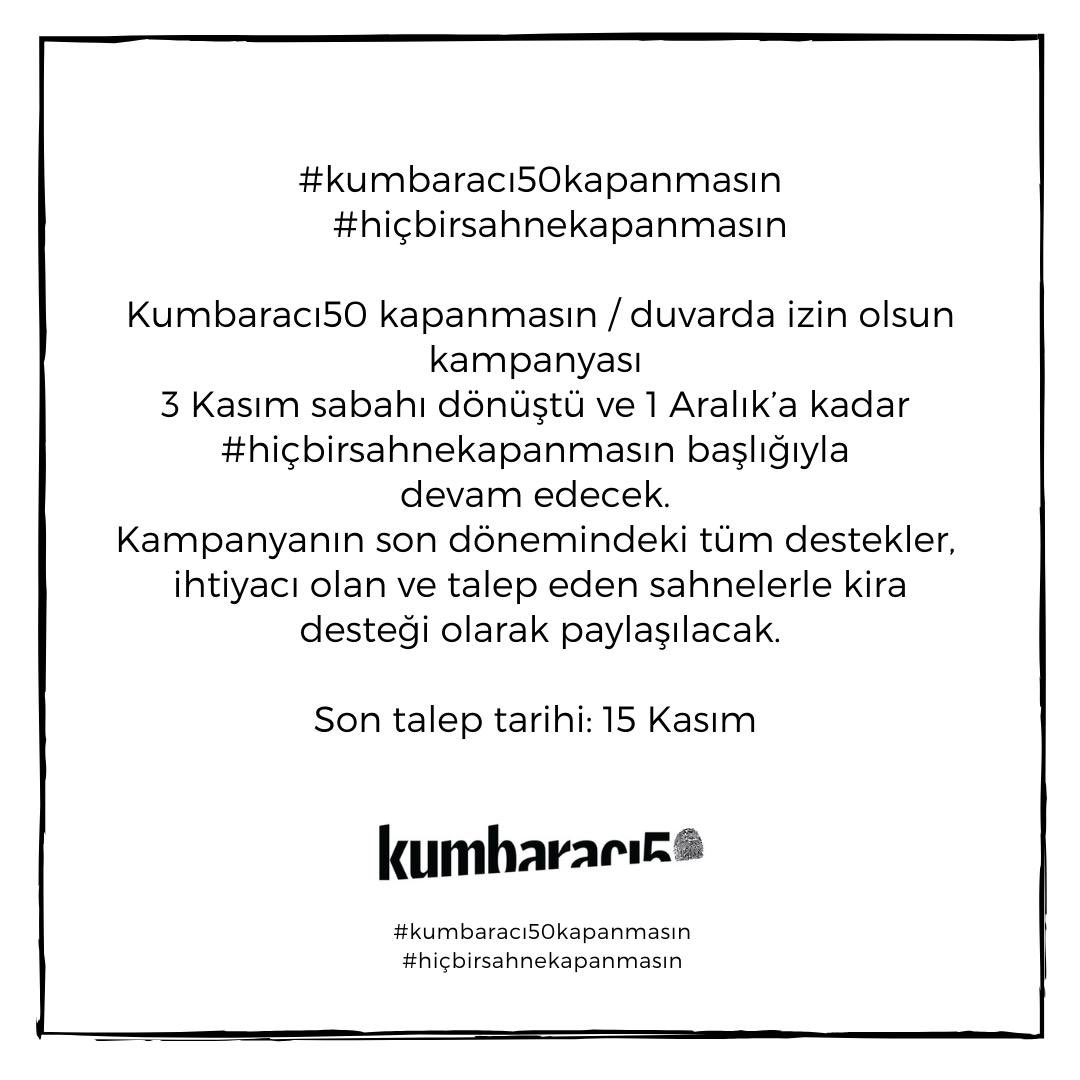 Kumbaraci50's tweet photo. #Kumbaracı50kapanmasın / #duvardaizinolsun kampanyası 3 Kasım sabahı dönüştü ve 1 Aralık’a kadar #hiçbirsahnekapanmasın başlığıyla devam edecek. 

Kampanyanın son dönemindeki tüm destekler, ihtiyacı olan ve talep eden sahnelerle kira desteği olarak paylaşılacak. https://t.co/TzrpK8DiHr