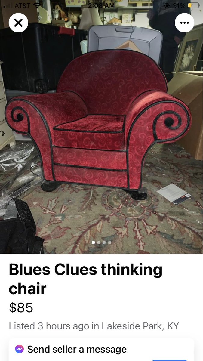 AmandaHanger's tweet photo. aight who’s going in with me to buy the blues clues thinking chair off fb marketplace https://t.co/1HnMYDy3v8