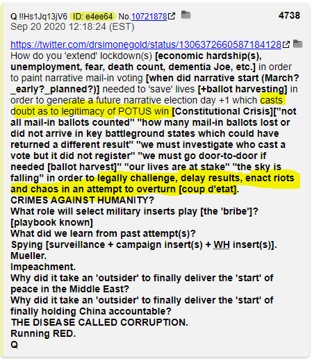 QDrop 4738 states that mail-in ballots will be used to cast doubts on Trump's victory and result in Democratic legal challenges to delay the results, stage riots and attempt to overturn the election. We are seeing the opposite of all of this.