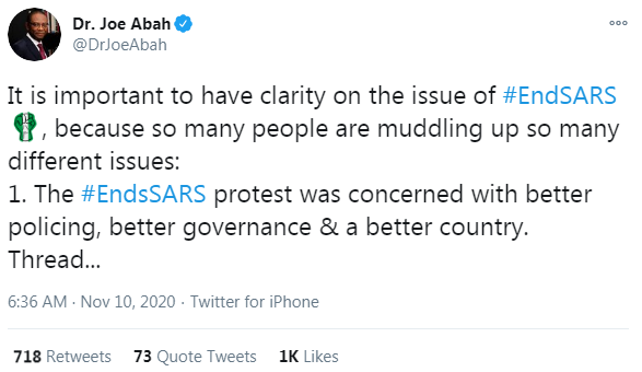 1. Yes the  #EndSARS   protest was concerned with better policing, governance & Country. That was at the INITIAL stage. That particular phase ended BEFORE 19th October 2020. All request met,  @jidesanwoolu already set up panel, youths refused to send reps &  @DrJoeAbah knew this.