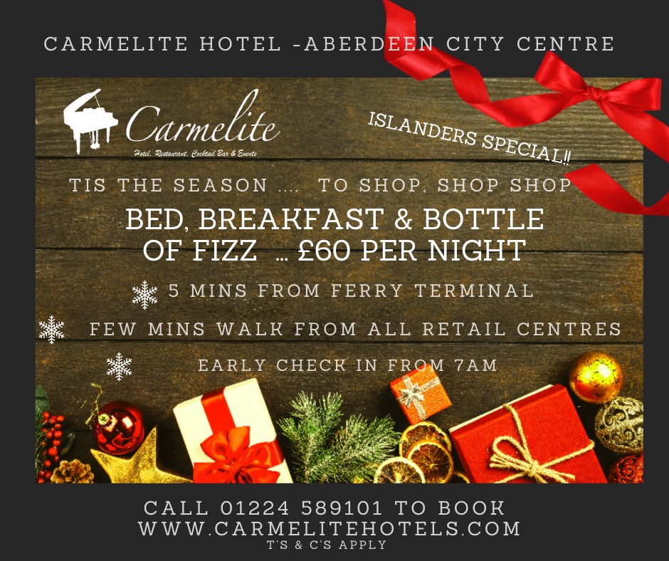 The count down is on...  6 weekends till Christmas! Visiting from Orkney or Shetland? Why not take advantage of our special Islander rate - call us to check availability! 01224 589101 or info@carmelitehotels.com