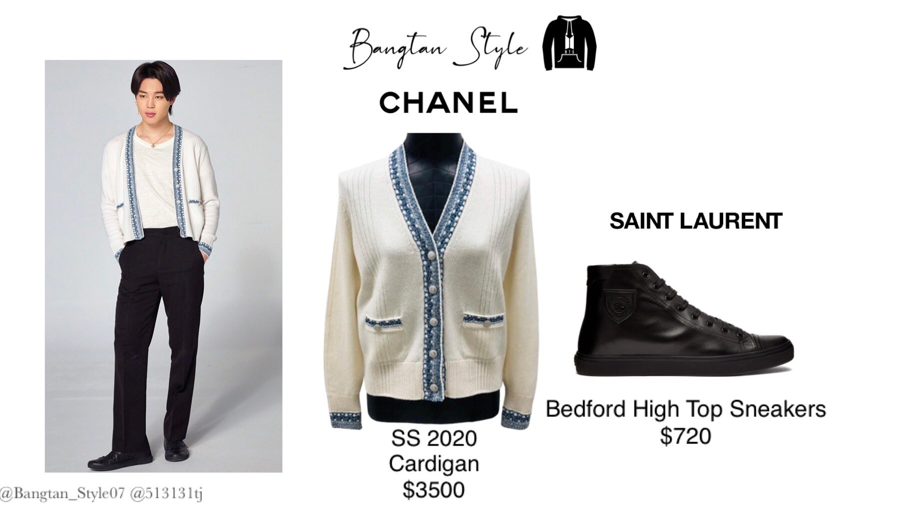 Bangtan Style⁷ (slow) on X: BTS JAPAN OFFICIAL FANCLUB MAGAZINE Vol.8  MAKING Jimin wears CHANEL Spring Summer 2020 Cardigan ($3500) & SAINT  LAURENT Bedford Sneakers ($720). #JIMIN @BTS_twt  /  X