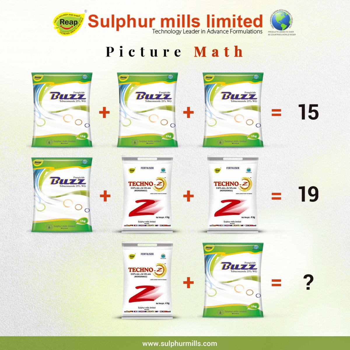 MillsSulphur's tweet photo. Let's see if you can solve this simple maths puzzle? Let us know your answers in the comments section below. We are super excited to see how many of you get this right.
#sulphurmills #agrochemicals #fertis #technoz #reap #sumil #fungicide #herbicide #insecticide #pesticide https://t.co/bFpT53xeRQ