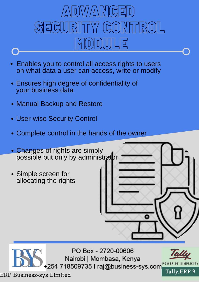 erp_business's tweet image. #advancedsecuritycontrol #security #securitymodule #tally #tallymodule
Data Security has been a matter of concern to the Business Owner as most businesses depend on the confidentiality of the information. To secure your business data, Tally offers a variety of security features.