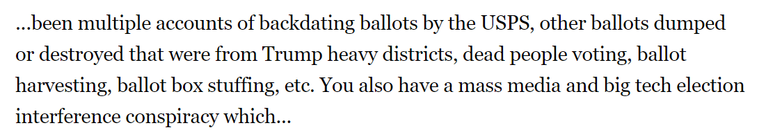 4/ There's no evidence of any of these allegations. Things like "dead people voting" come from repeated allegations that appear anonymously on forums that are quickly debunked. https://www.cnn.com/2020/11/08/tech/michigan-dead-voter-fact-debunking/index.html https://www.factcheck.org/2020/11/thin-allegations-of-dead-people-voting/