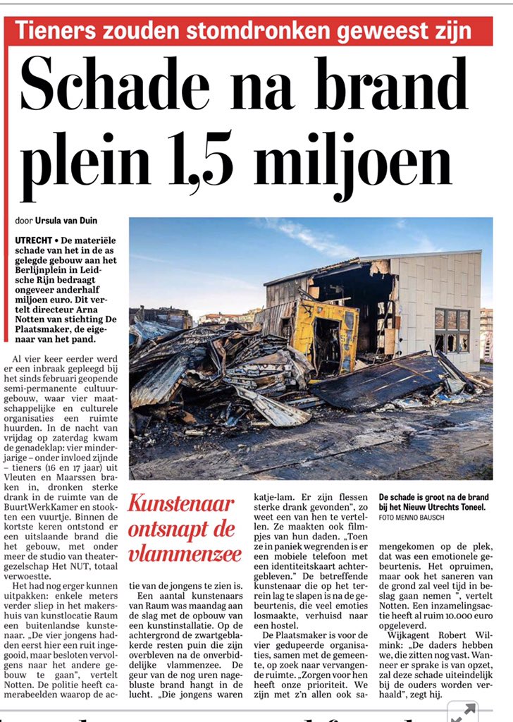 De materiële schade is enorm bij het Berlijnplein, maar gelukkig zijn er geen gewonden gevallen. Een kunstenaar sliep vlakbij het gebouw dat afbrandde. Vandaag in #Telegraaf #Utrecht