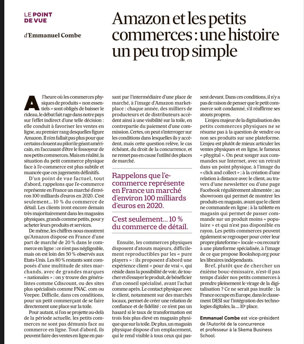 emmanuelcombe's tweet photo. Au-delà de la période actuelle, les commerces physiques ont des atouts majeurs et durables face aux géants du e-commerce comme #Amazon. L’enjeu : accélérer leur digitalisation et mieux l’articuler avec leur présence physique. 2/2 Ma tribune dans @LesEchos #commercesdeproximite https://t.co/42h6AVzwTL