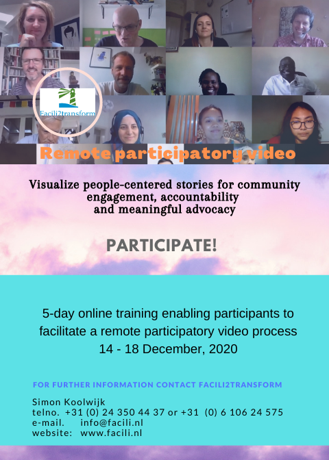 koolwijk's tweet photo. 5-day online training Facilitating remote #remoteparticipatoryvideo 14 - 18 december, 2020.  Learning and experiencing how to facilitate remote participatory video storytelling for community involvement and meaningful #advocacy https://t.co/V4S1j6iqAb