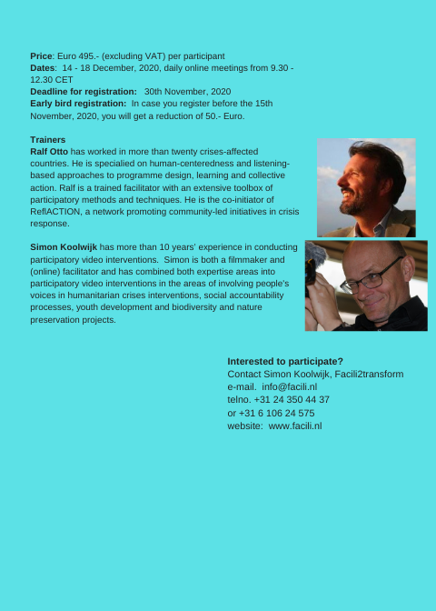 koolwijk's tweet photo. 5-day online training Facilitating remote #remoteparticipatoryvideo 14 - 18 december, 2020.  Learning and experiencing how to facilitate remote participatory video storytelling for community involvement and meaningful #advocacy https://t.co/V4S1j6iqAb