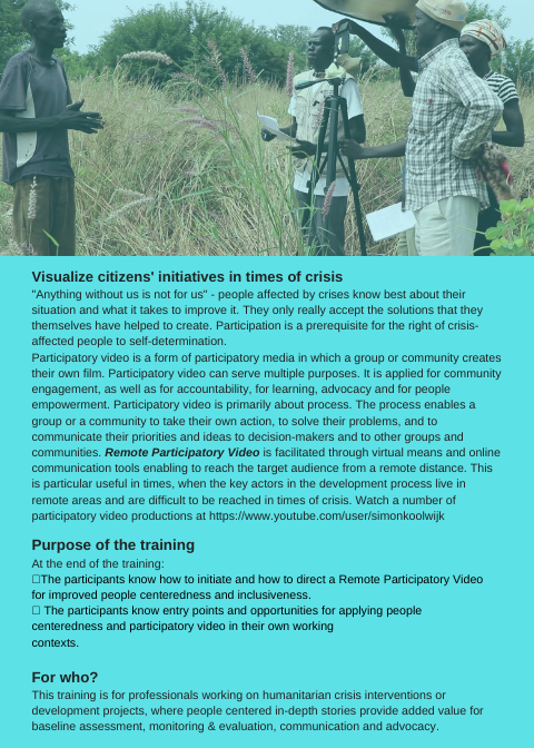 koolwijk's tweet photo. 5-day online training Facilitating remote #remoteparticipatoryvideo 14 - 18 december, 2020.  Learning and experiencing how to facilitate remote participatory video storytelling for community involvement and meaningful #advocacy https://t.co/V4S1j6iqAb