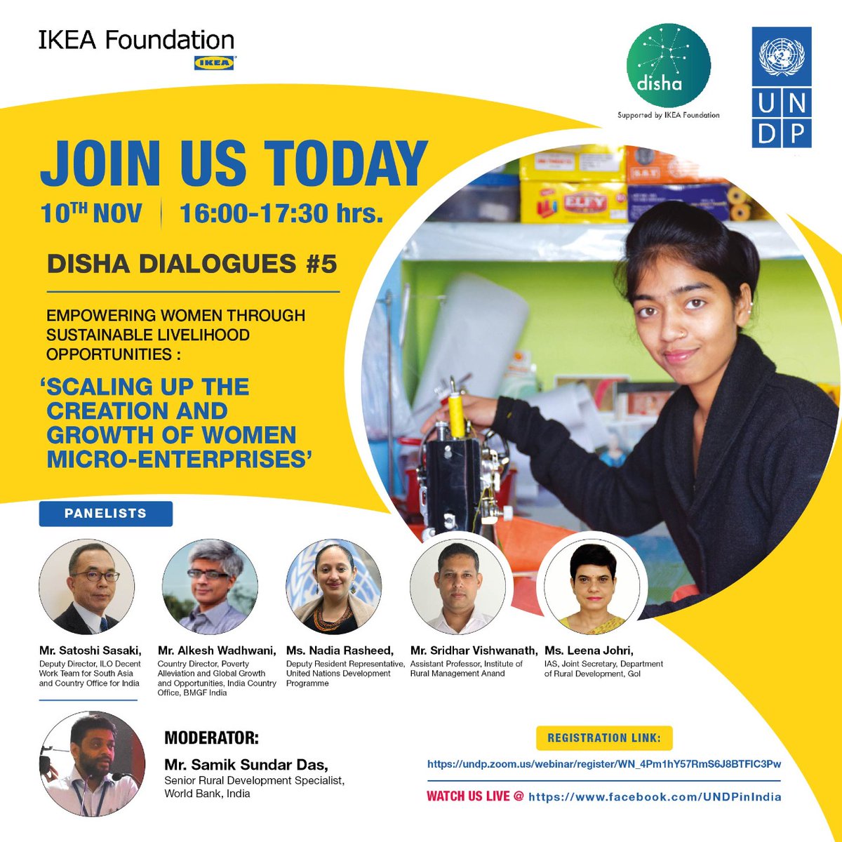 UNDP_India's tweet photo. Scaling growth of women micro-enterprises!

Join #DishaDialogue w/

▶️ @NadiaRashd, @UNDP
▶️ Satoshi Sasaki, @ILONewDelhi
▶️ Alkesh Wadhwani, @BMGFIndia
▶️ @ssdas21, @WorldBankIndia 
▶️ Leena Johri, IAS
▶️ Sridhar Vishwanath, @IRMAOfficial79
 
Sign up: https://t.co/rfn7R0c3bY https://t.co/GZ0EL9chPj