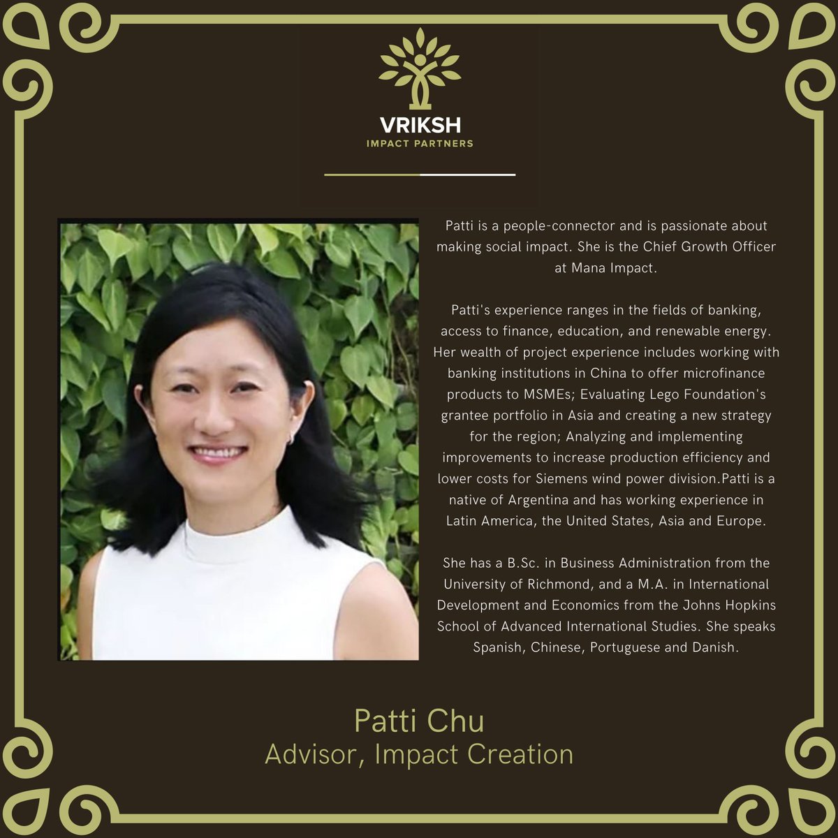 At the onset of festival of Diwali, representing happiness and prosperity, we are delighted to share that Patti Chu has joined Vriksh as Advisor, Impact Creation. 

#startup #plantbasedlifestyle #impactinvesting #impact #vrikshimpact #sustainability #india