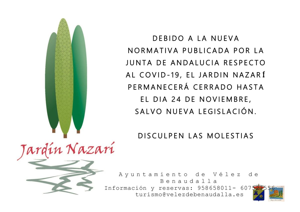 velezbenaudalla's tweet photo. Debido a las medidas sanitarias publicadas por la Junta de Andalucía se prorroga el cierre del Jardín Nazarí hasta el 24 de Noviembre. https://t.co/FtNP9YL4z0