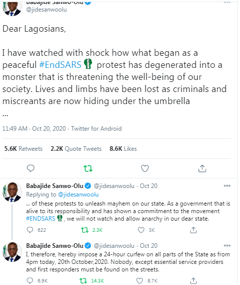 If you said the military action against the protesters on the 20th was uncalled for "before the commencement of the curfew", it will be inaccurate.The curfew was announced by  @jidesanwoolu around 11:49AM. Are you saying protesters couldn't MOVE AWAY in 4 hours? 4 SOLID HOURS o