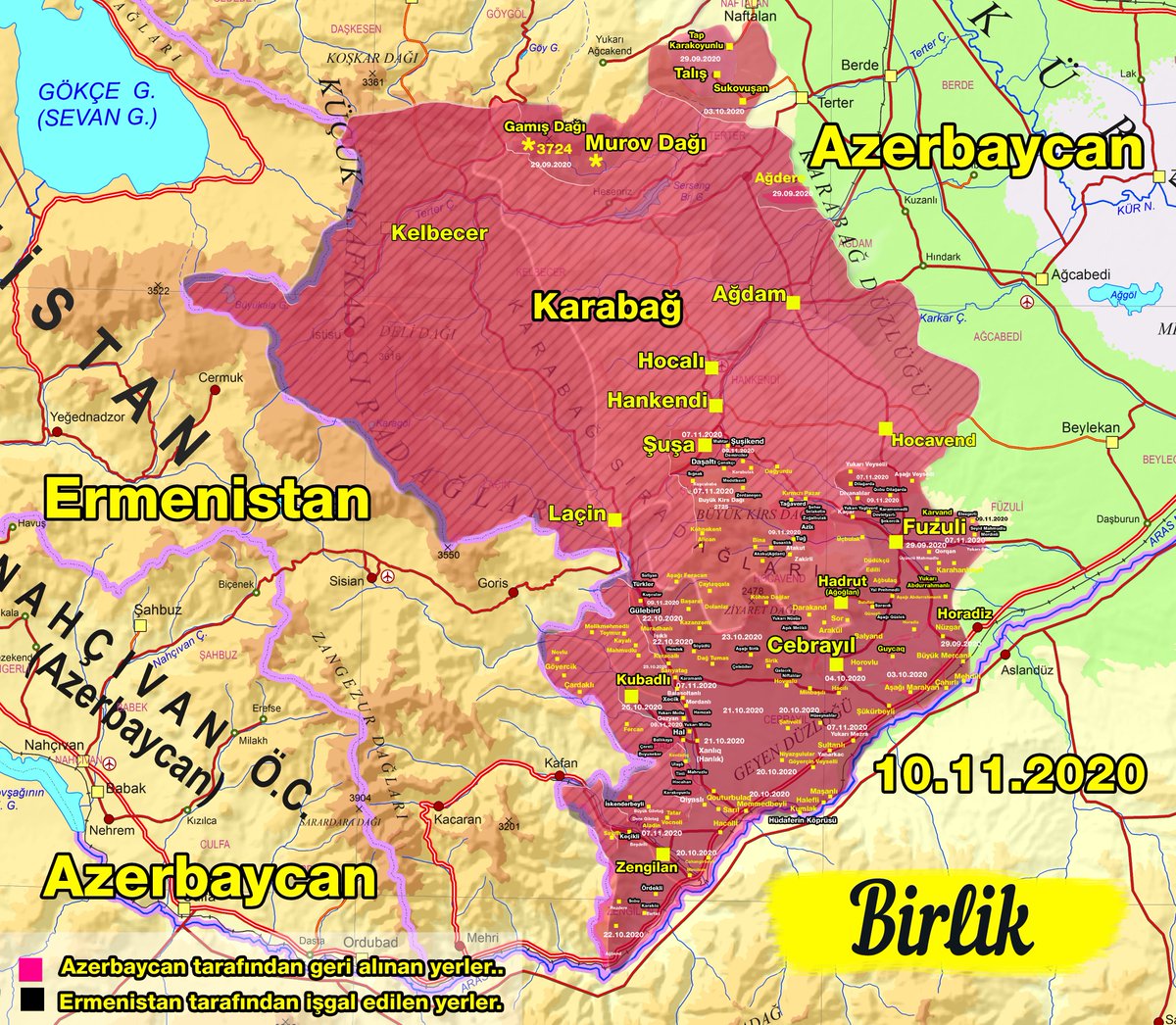 Birlikmedia's tweet photo. Azerbaycan Ermenistan Karabağ Savaşı
Son Durum Haritası (GÜNCEL)
Dün gece Hocavend ve Ağdam'da önemli yerler alındı. Resmi olarak açıklama yok şuanda.
10.11.2020
#Azerbajian #Armenia #Azərbaycan
#Map #Armymap #Harita #HOCALI #hankendi#şuşa #Shusha #hocalı #fuzuli #aliyev https://t.co/DimjLOSlEc