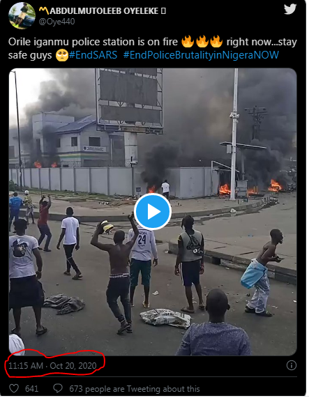 If protesters refused to move away from that same position between 11:49AM when the curfew was announced due to the killing of Police & burning of Police Stations in Lagos, it simply meant the protesters already had it all planned out never to leave that same position in 24hrs.