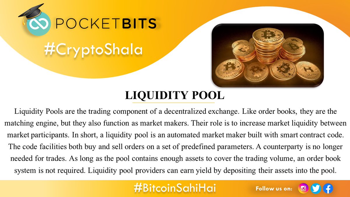 PocketBitsIndia's tweet photo. Learn the basics of Crypto Trading with #CryptoShala brought to you by
"PocketBits" - one of India's oldest active Cryptocurrency Exchange
The topic for the day: "Liquidity Pool"
#Bitcoin #cryptocurrency
#pocketbits #BitcoinSahiHai
#liquiditypool https://t.co/nr1MrpgdcV
