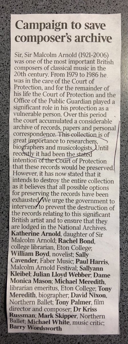 PetrocTrelawny's tweet photo. This is the letter about the potential destruction of Sir Malcolm Arnold’s papers. Published @thetimes today. Sorry about my scribbles. @BBCRadio3 https://t.co/u724dxbRfZ