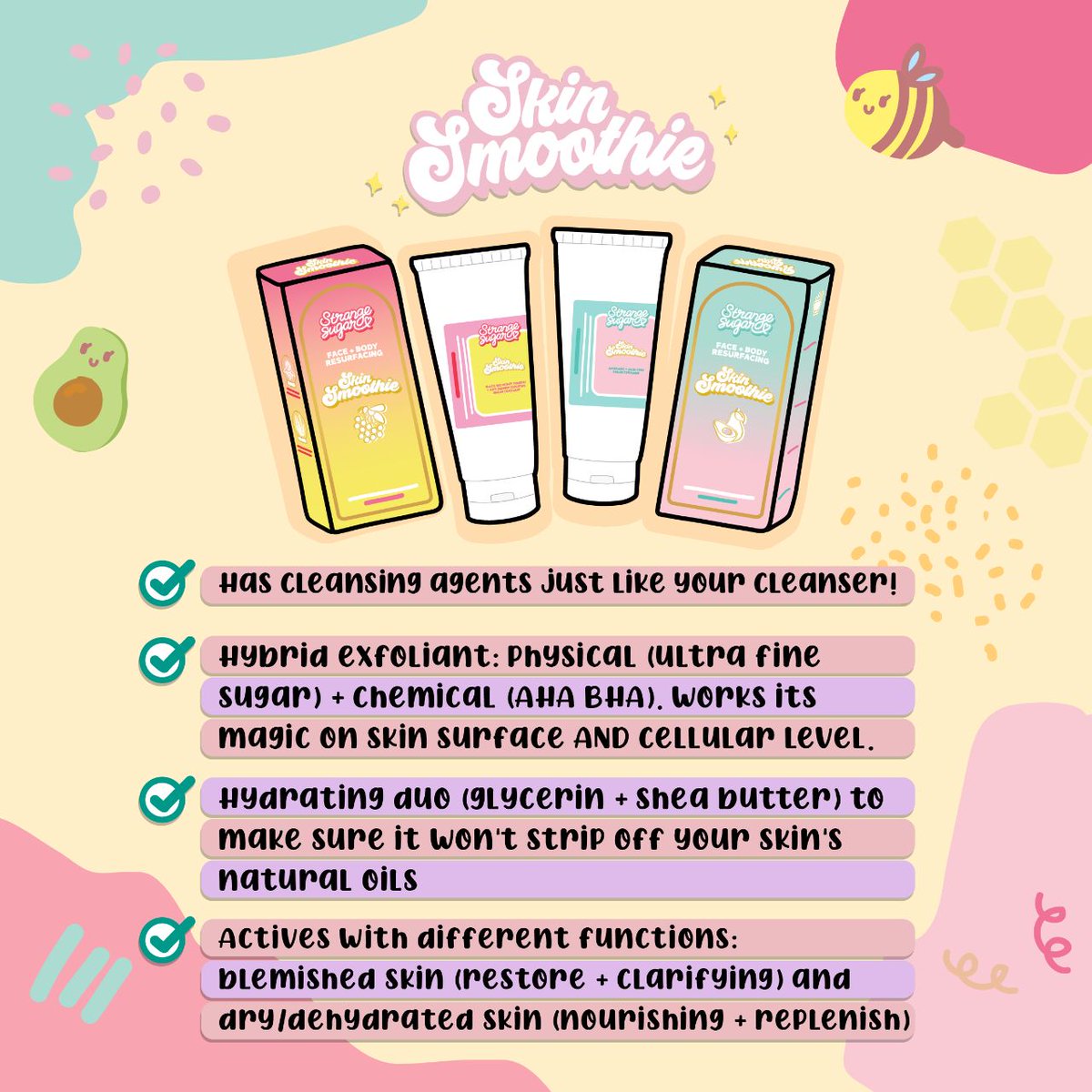  COMING SOON  SKIN SMOOTHIES by  @strangesugarco With Hybrid exfoliant dan chemical exfoliant untuk exfoliate on surface dan deep into the pores. Sesuai guna pada muka dan badan. Gentle to the skin pH5~. Wangi .