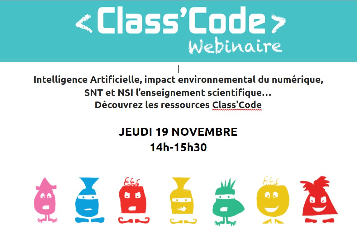 BastienMasse's tweet photo. 🗓️19 Nov. A partir de 14H, présentation des actions en cours et à venir de @classcode_fr, Wébinaire #IA à partir de janvier, wébinaire #SNT, Nouveaux Moocs #NSI et #ImpactNum en préparation. Echanges de pratiques et initiatives @education_gouv en #IA. 👇https://t.co/tJoVaIC5OY https://t.co/HB3XYD1uwc