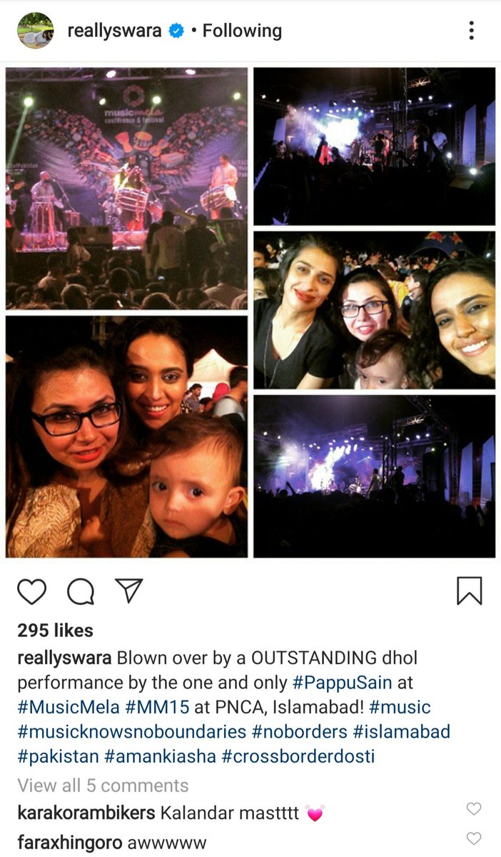 This is the Honour For us The Biggest 
Bollywood Star and amazing actor @reallyswara she was come and enjoyed our Performance In Pakistan 🇵🇰 and Appreciated she Posted some rememberable Pics And Spread the Love 
#musicknowsnoboundaries