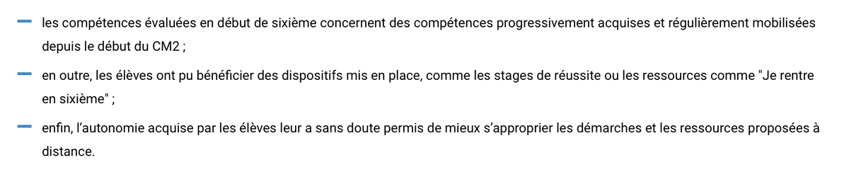 Si les résultats en CP sont en très légère baisse et ceux de CE1 un poil plus, ceux d’entrée en 6e sont … en hausse ! 6 points en français et 4 points en mathématiques ! La communication gouvernementale tente de justifier cela. Voici les arguments : 6/