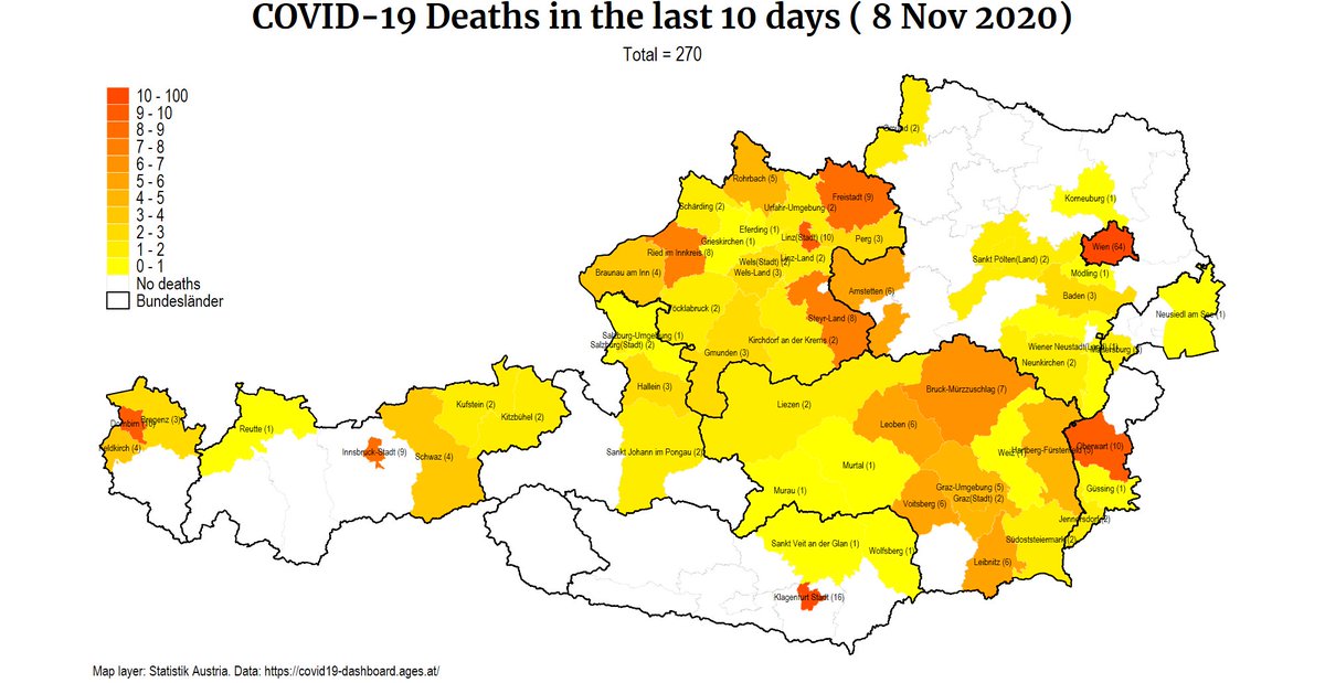 AsjadNaqvi's tweet image. #COVID19 update for #Austria. Cases and hospitalizations are still shooting up. #Wien is really bending the curve while #OÖ is showing no signs of slowing down. Added a new map on reported deaths in the last 10 days. Intensive beds usage: OÖ 91%, Tirol 83%.

#WearAMask