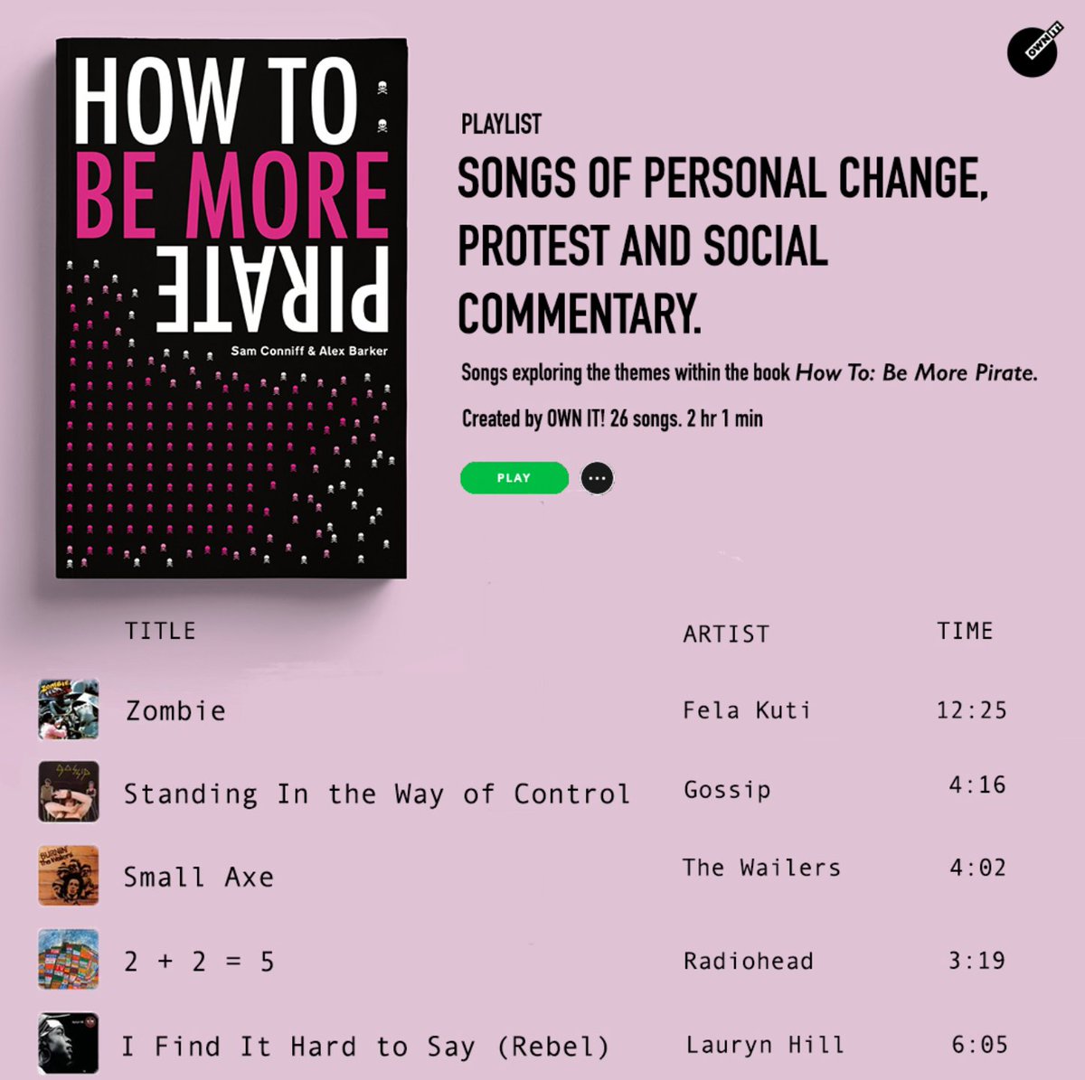 SamConniff's tweet photo. Our pirate publishers @OWNITLDN have made a soundtrack to our new book. They call it a soundtrack to "personal change, protest and social commentary'. I'm calling it the soundtrack to my week, it's got me back in a world-changing mood! @bemorepirate https://t.co/0L4N0Hw0NI https://t.co/sTXPy6OEwC