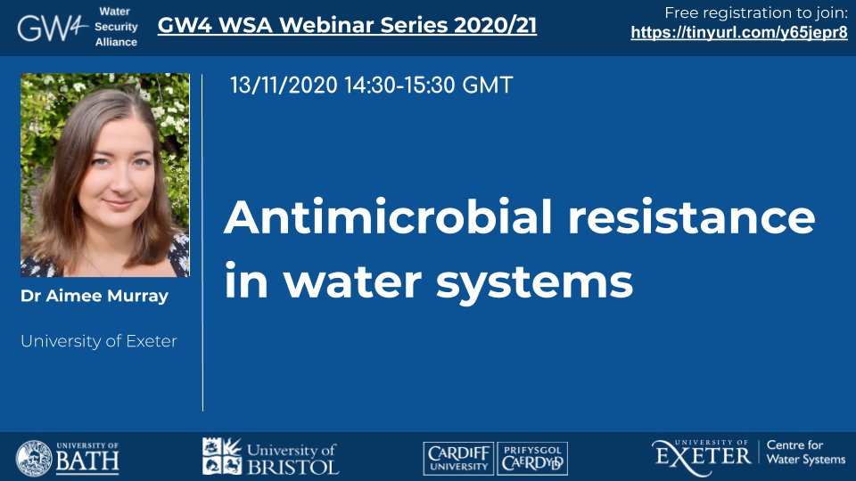 Dr Aimee Murray @NERCscience Research Fellow @ECEHH @UniofExeter will talk about #Antimicrobial #resistance in #watersystems @Gw4Water #WSAwebinars on Friday

@GW4Alliance @WIRCBath @BristolUniWater  @CUWaterResearch @Water_UofExeter @WISECDT 

Register us02web.zoom.us/meeting/regist…