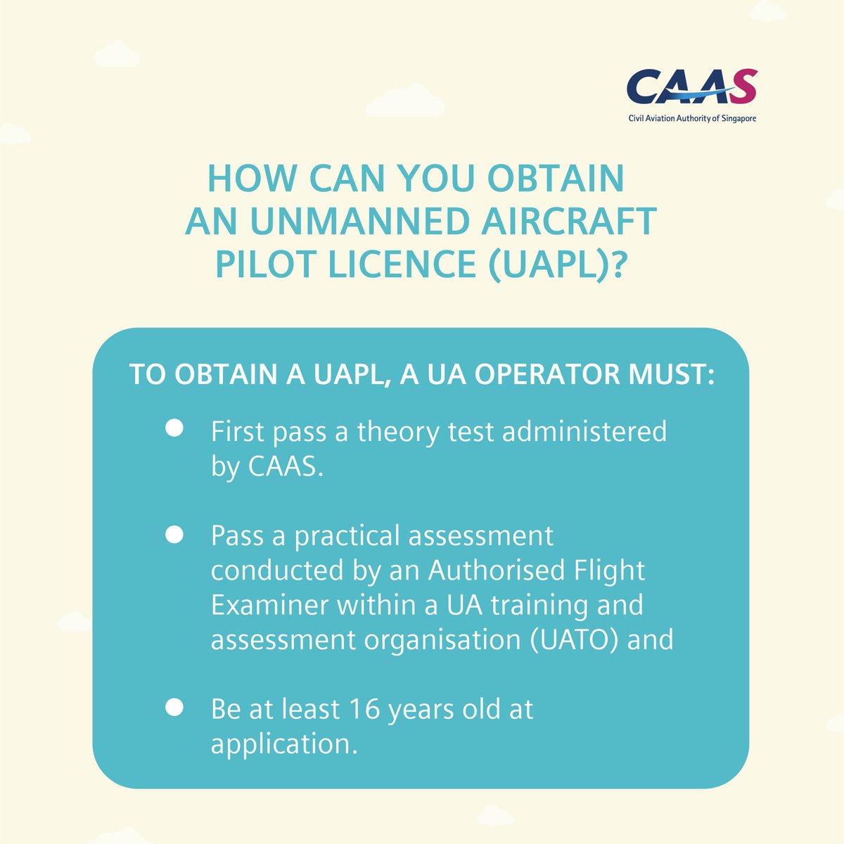 SingaporeCAAS's tweet photo. A little training can go a long way - especially when you intend to fly an unmanned aircraft (UA)!

Get yourself certified with an unmanned aircraft basic training certificate (UABTC) or an unmanned aircraft pilot licence (UAPL) to ensure you are cleared for takeoff with your UA. https://t.co/6fjQdNpyXm