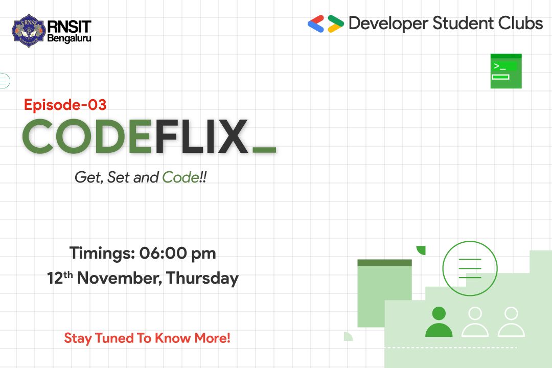 dscrnsit's tweet photo. "Codeflix", Ep.03

Date: 12th November, Thursday.
Time: 6.00 pm

DSC Platform Registration link: https://t.co/8mpeJXPmIe
Hackerrank link: https://t.co/ODtfBWd6tF

A participant needs to register on both the platforms! https://t.co/2V3jW1n7EL
