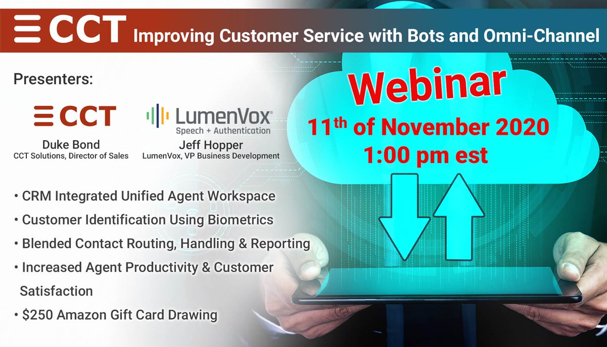CCTSolutions's tweet photo. Join our Webinar with #Lumenvox on 11th of November @ 1 PM EST "Improving Customer Service Bots &amp; Omnichannel", you have the chance to win a $250 Amazon Gift Card. 
Registration link : https://t.co/8OLqIrNXd2
#contactcenter #Speech #bots #omnichannel #voicebiometric #TTS #CCTR https://t.co/fb40pVBkJH
