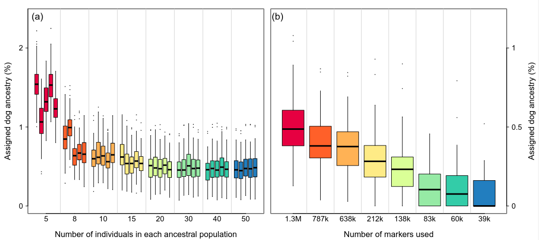 Finally, we also showed that local ancestry methods relying on "ancestral populations", are highly dependent on the number of samples and the number of markers used. With only a few "ancestral individuals", the dog ancestry levels in wolves increased substantially.