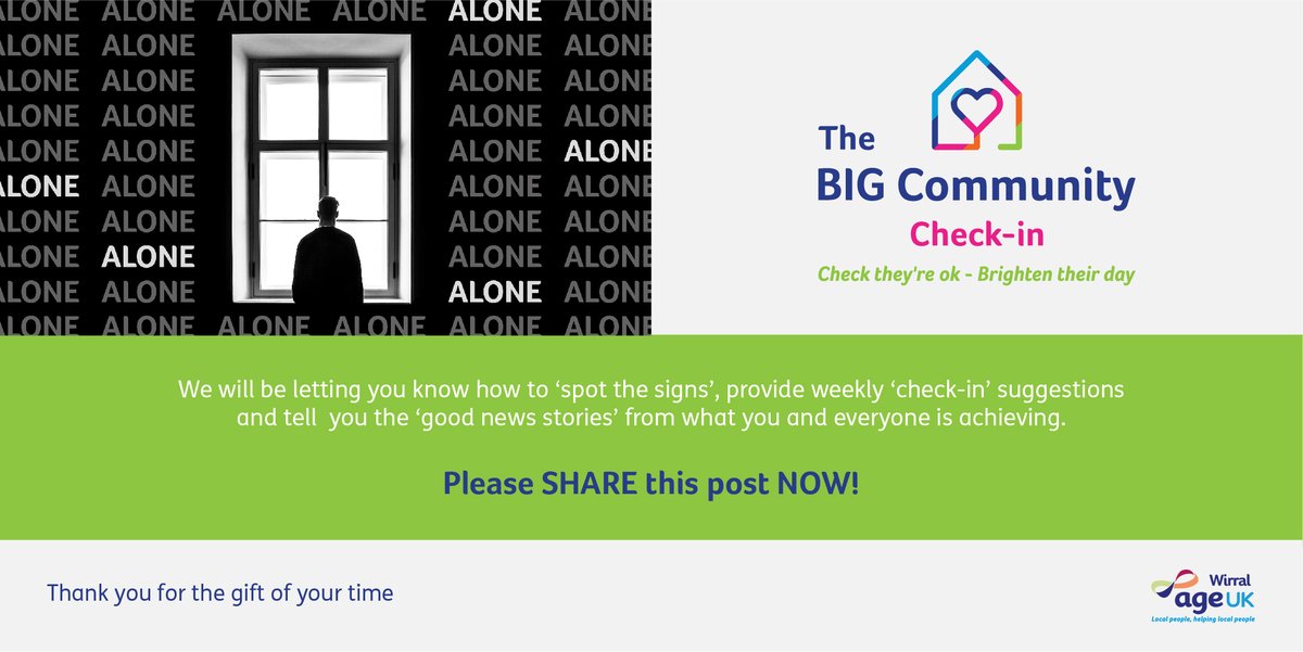 AgeUKWirral's tweet photo. Covid-19 has been incredibly isolating for so many people. Today we launch The Big Community Check-In...our campaign to get as many people as possible across Wirral to check in with others to make sure they are okay. #BigCommunityCheckIn https://t.co/KELOqrkror