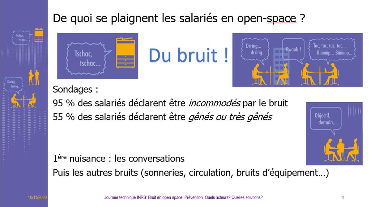 INRSfrance's tweet image. [EN DIRECT] "95% des salariés en open-space déclarent être incommodés par le #bruit. Les conversations sont considérées comme 1ère source de nuisance sonore." précise Jacques Châtillon, expert INRS.