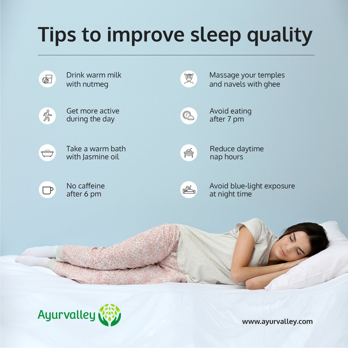 ayurvalleycare's tweet photo. #qualitysleep #sleeptips #improvesleep #insomnia #sleepbetter #warmmilk #sleepquality #nutmeg #Jasmineoil #warmbath #ghee #bodymassage #templemassage #headmassage #activelifestyle #nocaffeine #benefitsofyoga #daytimenap #siesta #overeating #nighttime #sleepingtips #bettersleep https://t.co/K5Mcccv72D