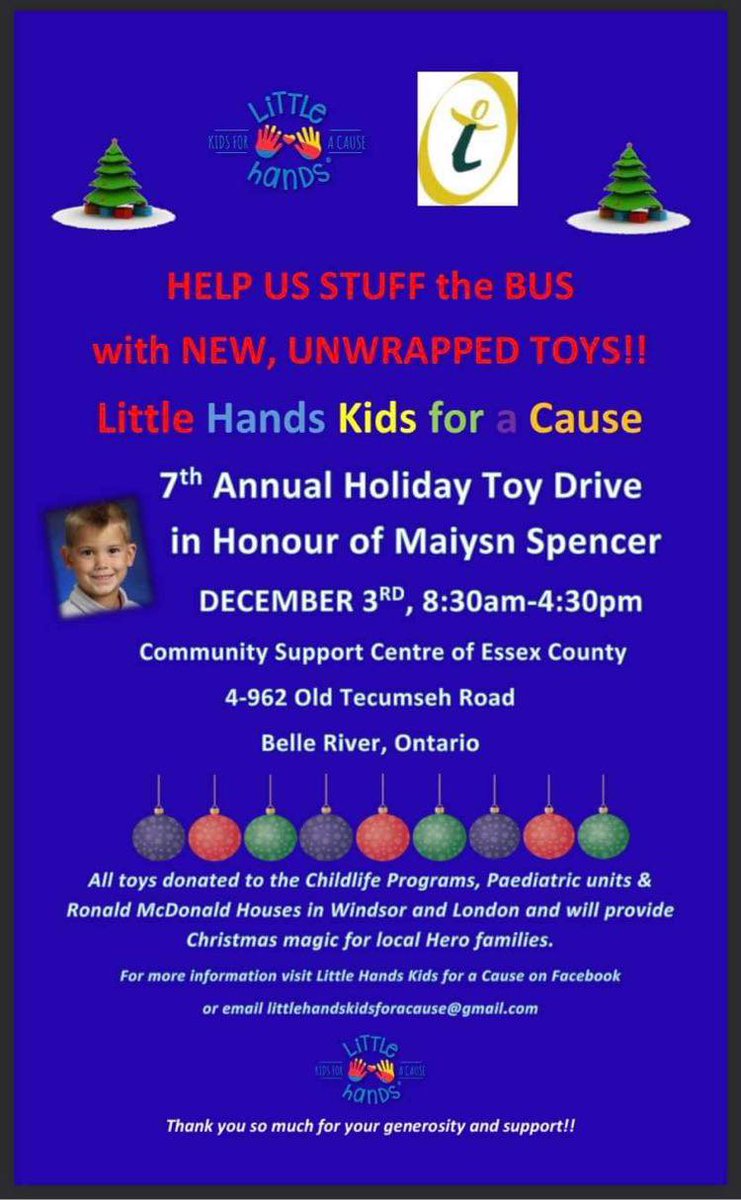 CscEssexCounty's tweet photo. December 3rd we will have one of our #CareLink buses out front collecting new, unwrapped toys for @little_hands_ to deliver to #RMH #Windsor &amp; #London 
Come out and #stuffthebus with toys!
#CSC 
#Lakeshore https://t.co/8tvUZrq3Av