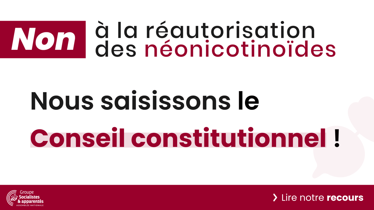 Plus de 70 députés dont les <a href="/socialistesAN/">Députés Socialistes et apparentés</a> saisissent le <a href="/Conseil_constit/">Conseil constit</a> contre la réautorisation des #neonicotinoides !

Lire notre recours ➡️ bit.ly/recours_Neonic…