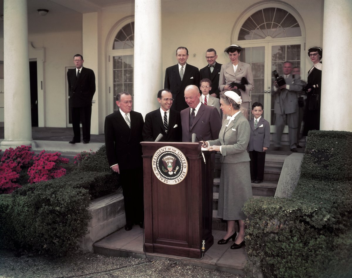 In White House Rose Garden, 1955, President Eisenhower thanked Dr. Jonas Salk for his “selfless and dedicated medical research” to find a polio vaccine.  He did not take credit for himself.
