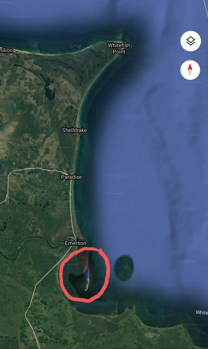 Some of our tribal fishers took refuge on an island in Whitefish Bay. Circled below. It is nearly 5 miles from shore, and only sticks above the water by a few feet. Better than nothing, but not great.