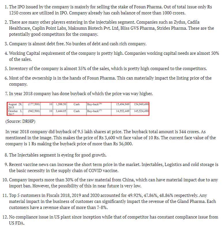 Gland Pharma Key Analysis Point: