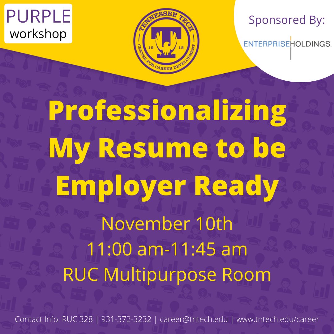 tntechcareer's tweet photo. ATTENTION: If you are completing your Career Readiness Certification you don't want to miss this Purple Program Resume Workshop!  You will gain some SUPER tips TODAY at 11 in the RUC Multipurpose Room! #TNTechCareerReady https://t.co/ZjfMjMxBj7