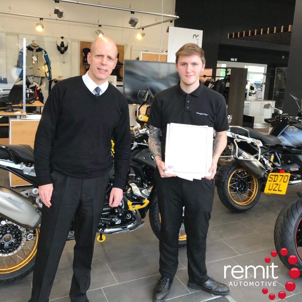 RemitScot_Wales's tweet photo. Congratulations to Patrick McNee from Douglas Park Motorad, in Glasgow on receiving his Level 6 Vehicle Part Qualification from his manger John Waddell. Well Done! https://t.co/shI0Da3yQa
