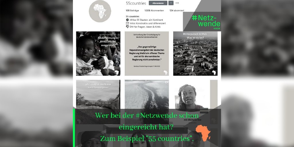 VoiceOfVocer's tweet image. Hier kommt der nächste Einblick in die bisherigen #Netzwende-Einreichungen. Mit dabei ist zum Beispiel: #55countries von @JulianHilgers. Der Insta-Blog beschäftigt sich mit dem afrikanischen Kontinent.
netzwende.org 🌤️
#Deadline #Netzwende15November
